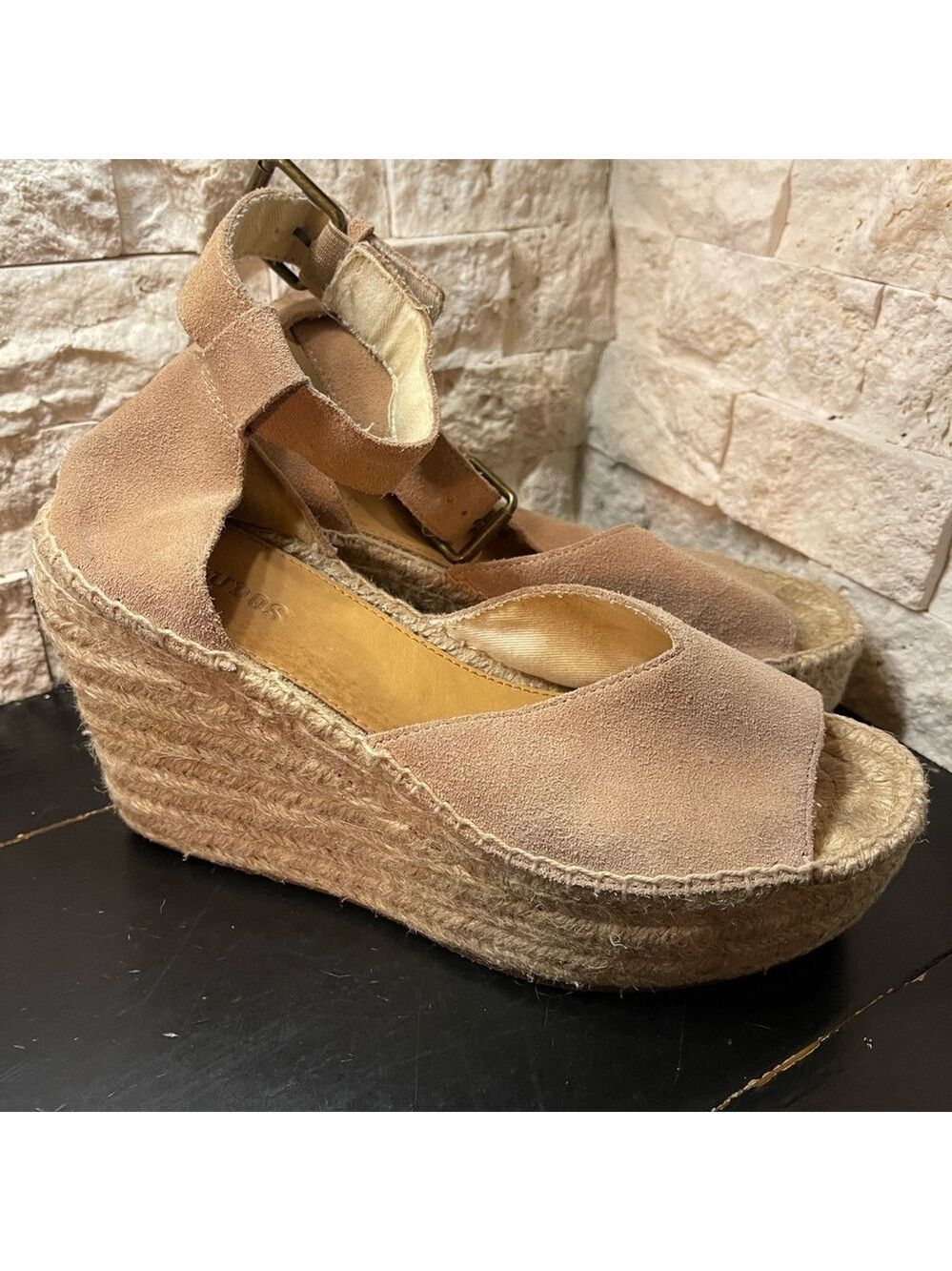 SOLUDOS Scale Suede Espadrille Wedge sandals Size 7.5 Tan Beige Ankle Strap